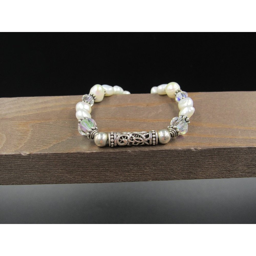 7" Sterling Silver Genuine Pearls Crystal Fancy Bracelet Vintage Elegant